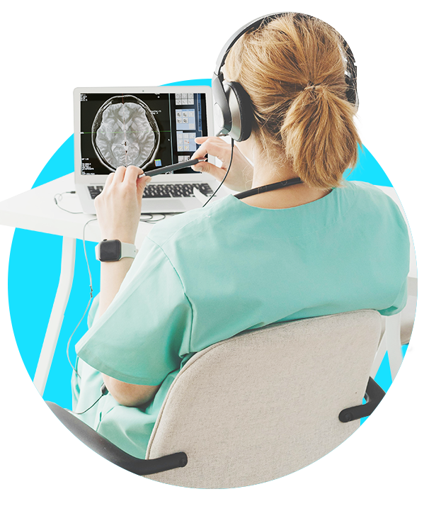 A lady radiologist reading brain mri on screen